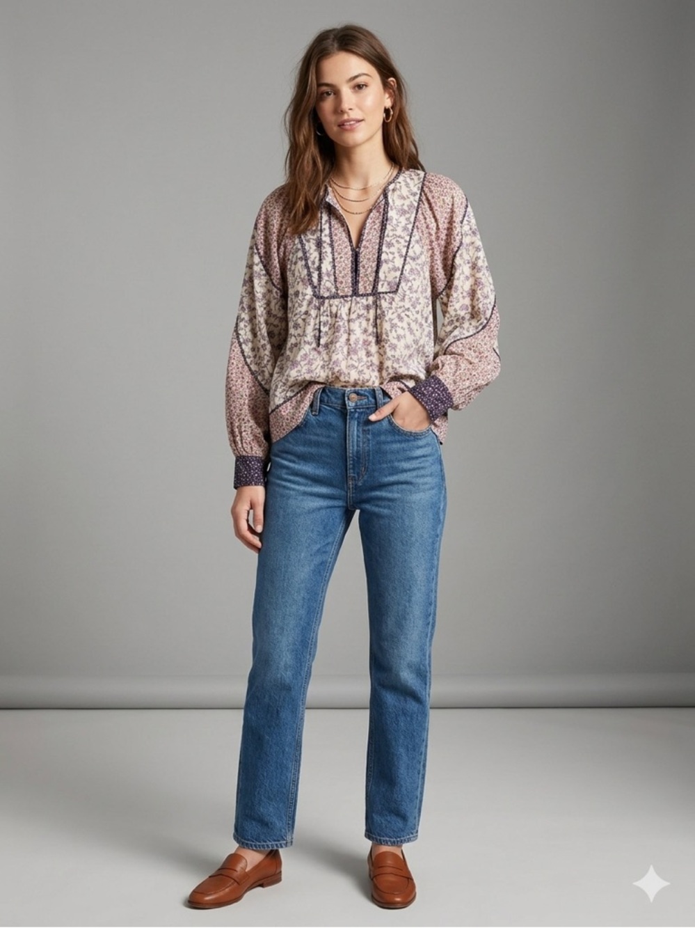 ULLA JOHNSON / Colette Cream Floral Patchwork Long Sleeve Peasant Top - Sz 6